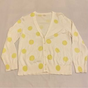 J Crew White/Yellow Button Up V-Neck Big Polkadots Cardigan Sweater Size L